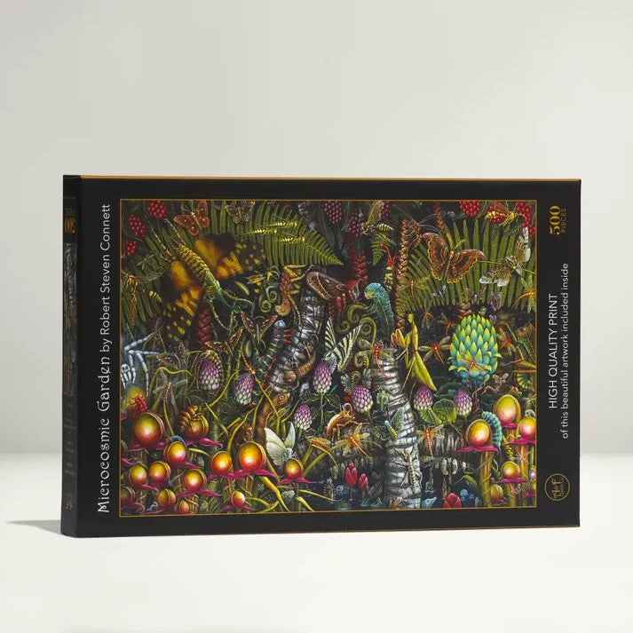 A five hundred piece puzzle featuring a detailed illustration of many different kinds of insects and lizards interacting amidst colorful foliage.