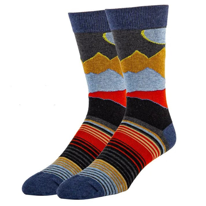 Calf high socks depicting an abstract horizon and skyline in the colors gray, gold, red, black and blue.