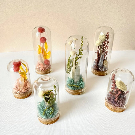 Miniature glass terrariums with dried flowers and crystals arranged inside.