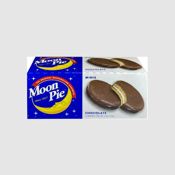 A box of twelve mini chocolate marshmallow sandwich moon pies. 