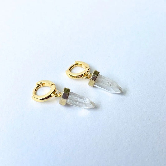Gold huggie earring with dangling quartz charms