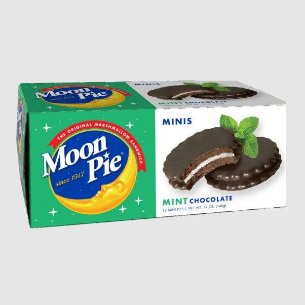 A box of twelve mini mint chocolate moon pies. 