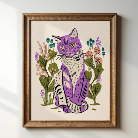 8x10 art print of a purple, white and black cat surrounded by colorful flowers on a white background