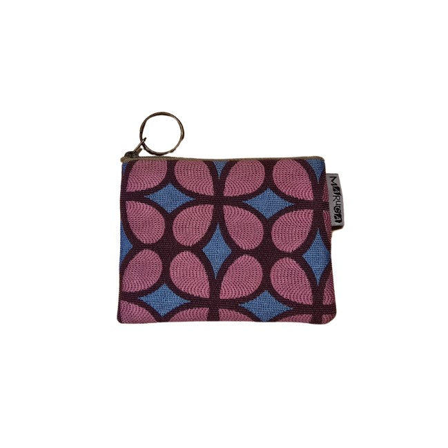 Coin purse with a pink, blue and dark purple geometric pattern