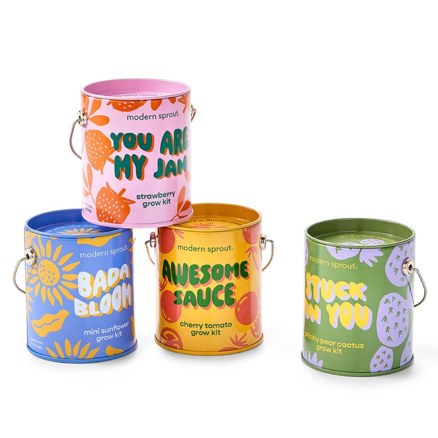 Grow kits in colorful tin cans