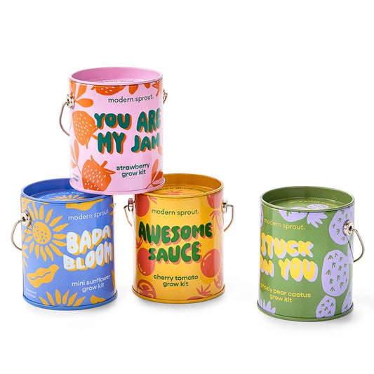 Grow kits in colorful tin cans