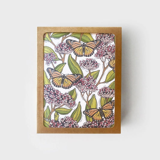 Box of greeting cards featuring a floral design with monarch butterflies