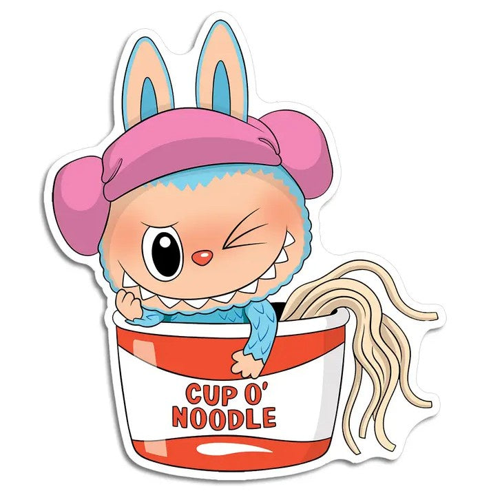 Sticker of a blue Labubu wearing a pink bow and sitting in a Cup o' Noodles