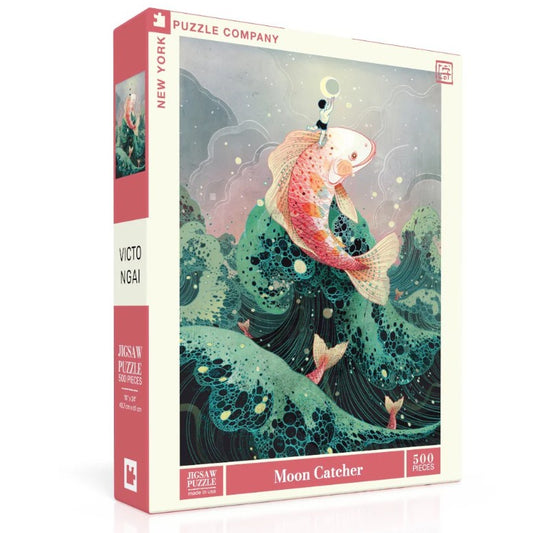 Five hundred piece puzzle depicting a little boy riding on the back of a giant pink koi fish and reaching for the moon