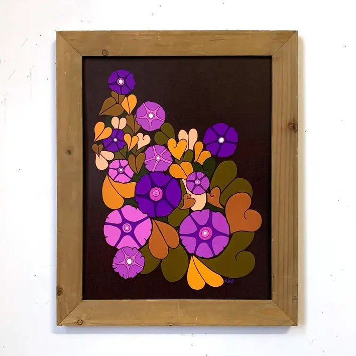 Dark brown print with geometric purple flowers and heart shaped yellow leaves 