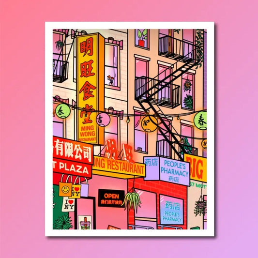 8x10 print featuring a view of Mott Street in New York's Chinatown in pink, yellow and red colors