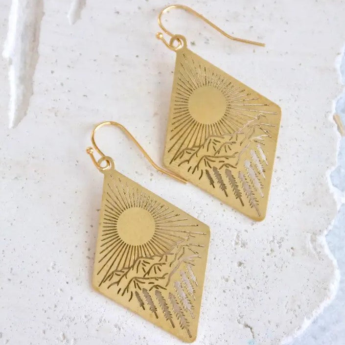gold etched sun mountain triangle shaped earrings