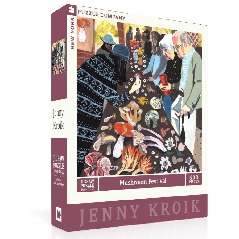 500 piece jigsaw puzzle featuring a Jenny Kroik illustration of folks gathered around a table of various types of mushrooms