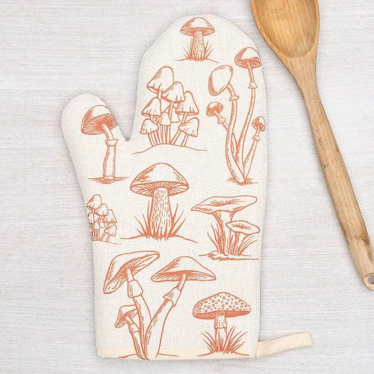 Oven mitt with orange mushroom pattern