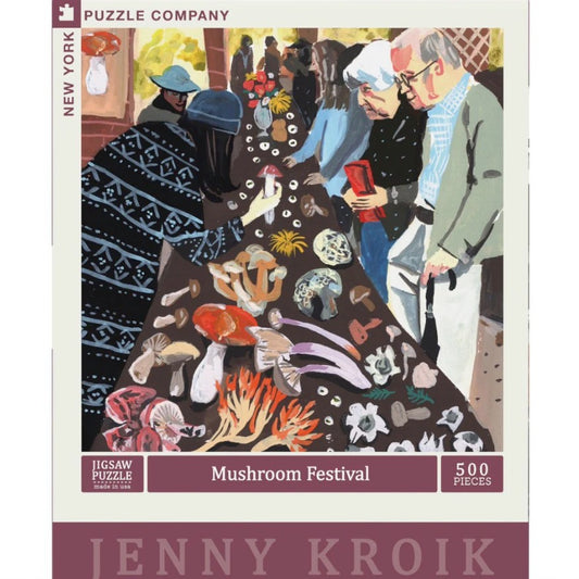 500 piece jigsaw puzzle featuring a Jenny Kroik illustration of folks gathered around a table of various types of mushrooms
