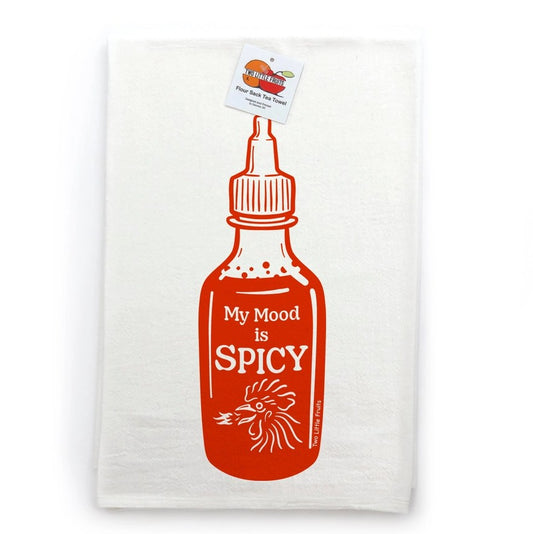 White towel with a design of a hot sauce bottle and the words "My Mood is Spicy"