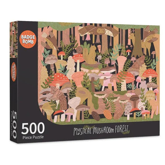 Five hundred piece puzzle depicting a forest scene with lots of mushrooms and animals