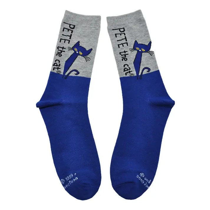 Blue socks with gray tops featuring 'Pete the Cat' design on a white background