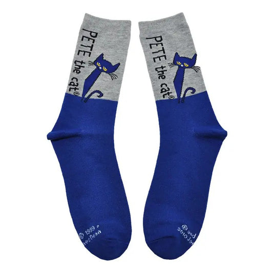 Blue socks with gray tops featuring 'Pete the Cat' design on a white background