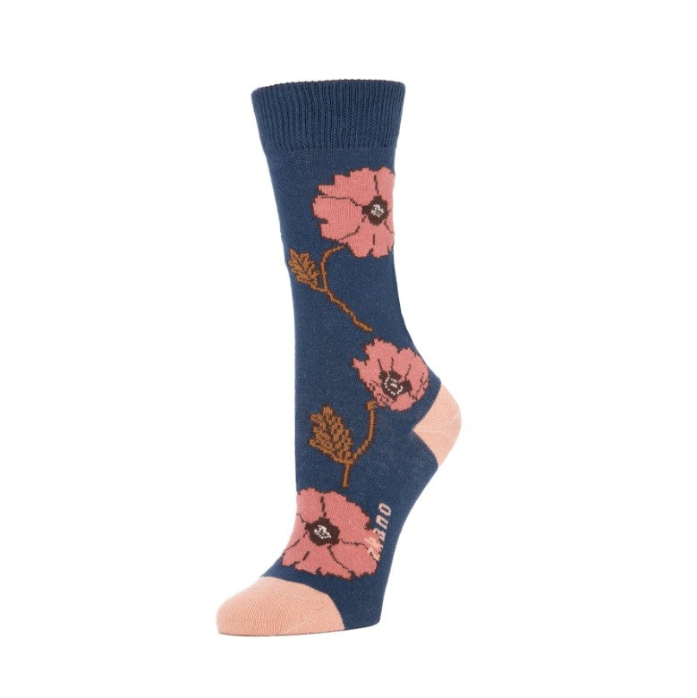 Navy calf socks with light pink poppy pattern