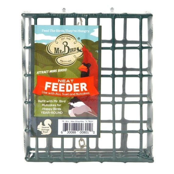 A green rectangular bird feeder designed for use with suet and nutcakes.