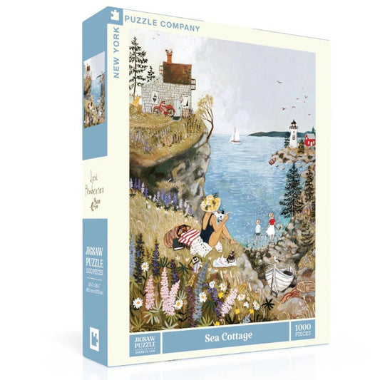 One thousand piece jigsaw puzzle depicting a woman in a swimsuit sitting on flowery cliffs overlooking the ocean