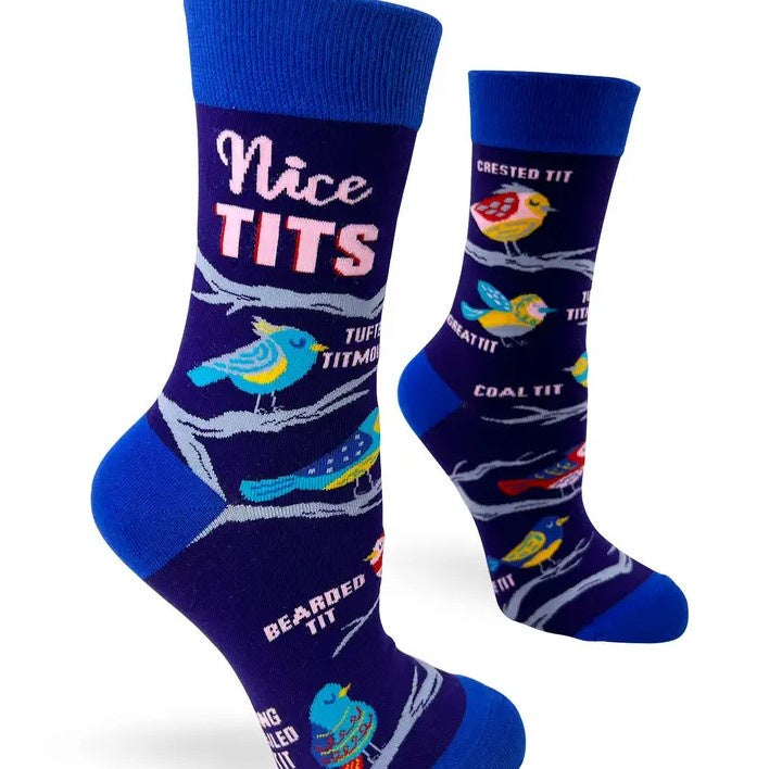 A blue pair of calf socks depicting different species of the "tit" family of birds in a graphic colorful style. At the top they read "Nice Tits."