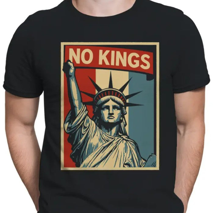 Black t-shirt with an image of the Statue of Liberty and the words "No Kings"