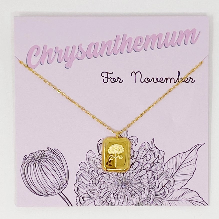 Gold plated necklace with a pendant engraved with chrysanthemums for November birthdays