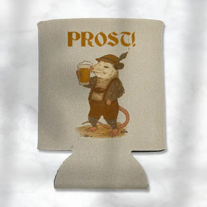 Koozie with an image of a rat in lederhosen holding a beer and text that reads "Prost!" 