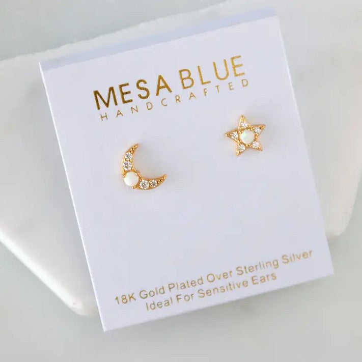 Opal Moon Star Stud Earrings
