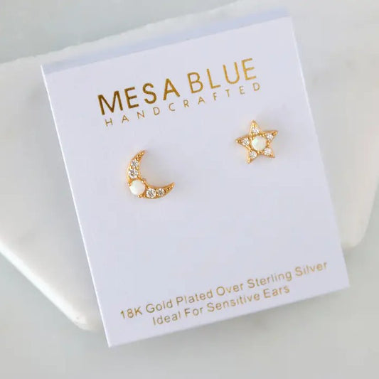 Mismatched crescent moon and star gold stud earrings