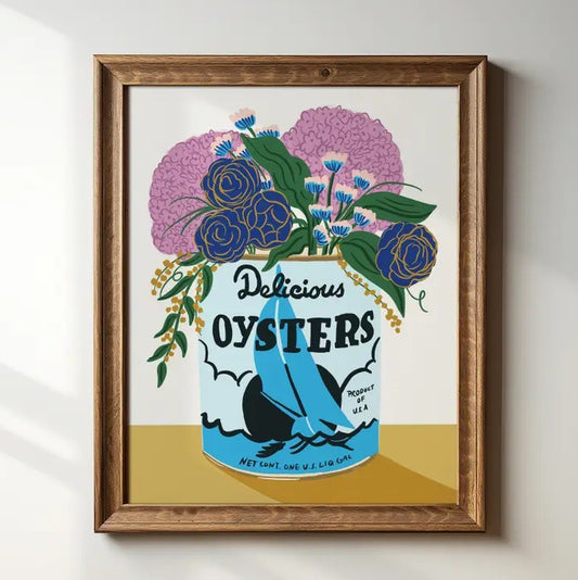 Art print of blue and purple flowers in an oyster can