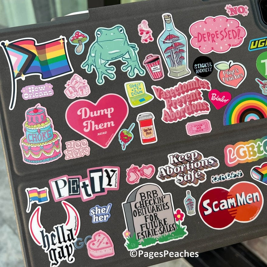 page's peaches collection of stickers on a laptop case