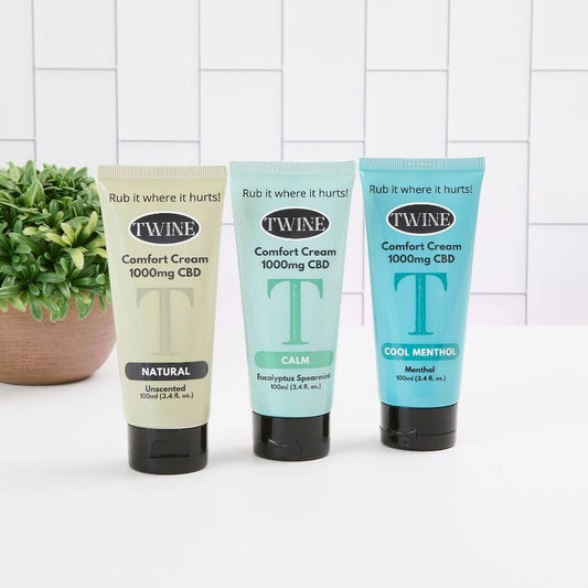 Three tubes of Twine CBD lotion in eucalyptus mint, menthol and unscented varieties