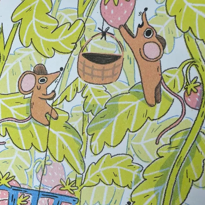 Illustration of two brown rats working together to pick a strawberry