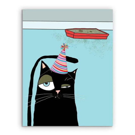 Greeting card featuring an illustration of a black cat in a party hat in front of a dirty litter box