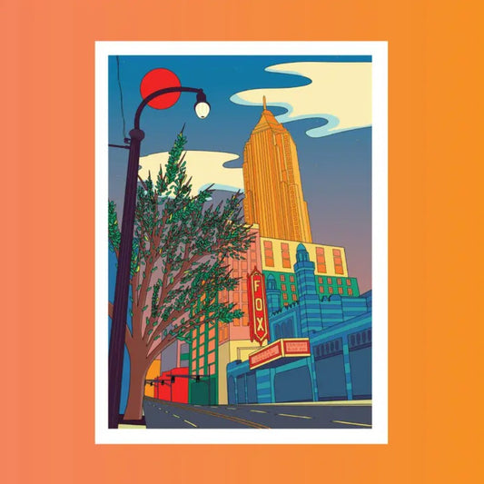 Art print depicting the sun setting behind the Fox Theater on Peachtree Street in Atlanta 