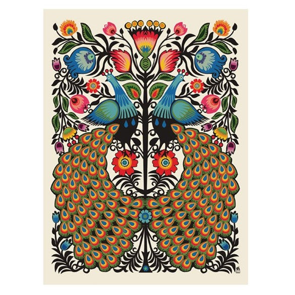 A greeting card featuring two peacocks surrounded by brightly colored and slightly abstract flowers.