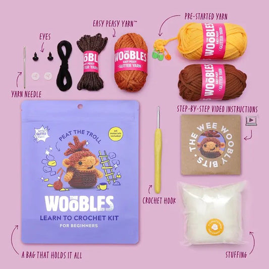 Woobles crochet kit with yarn, needles, stuffing and hook included