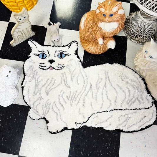 Small white area rug shaped like a Persian cat on a checkered floor