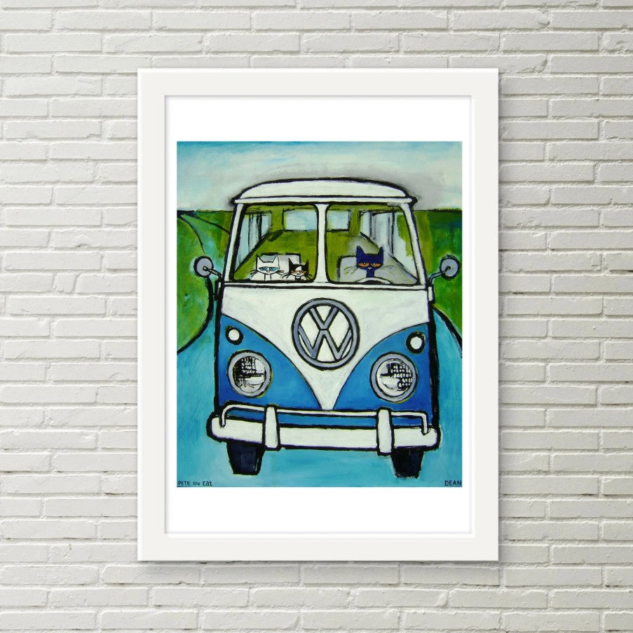 Artwork of three cats riding in a blue and white Volkswagen van
