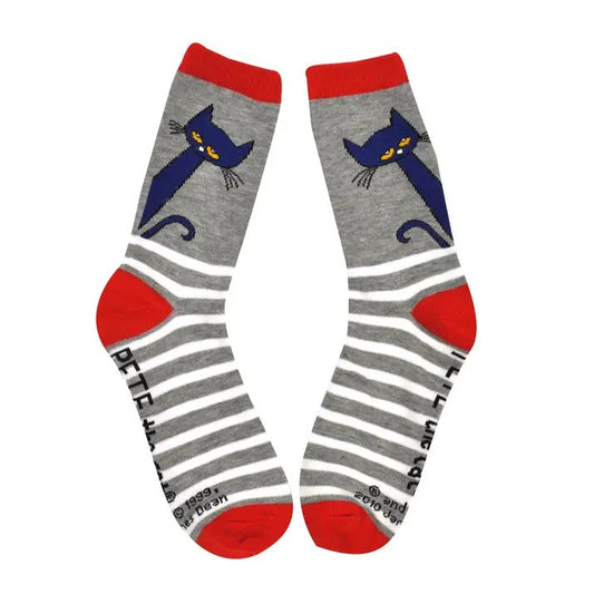 Gray and white striped socks with red heel and toe and a Pete the Cat design