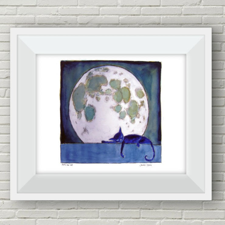 Art print of a blue cat sleeping on a windowsill in front of a large full moon