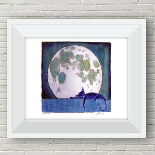 Art print of a blue cat sleeping on a windowsill in front of a large full moon