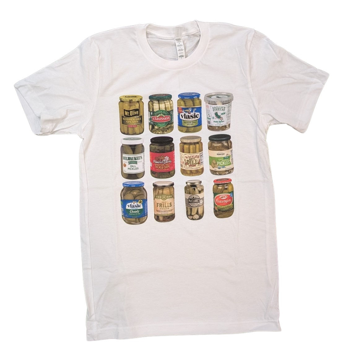 various kinds of pickle brands on a shirt