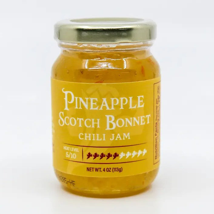 Four ounce jar of pineapple scotch bonnet chili jam