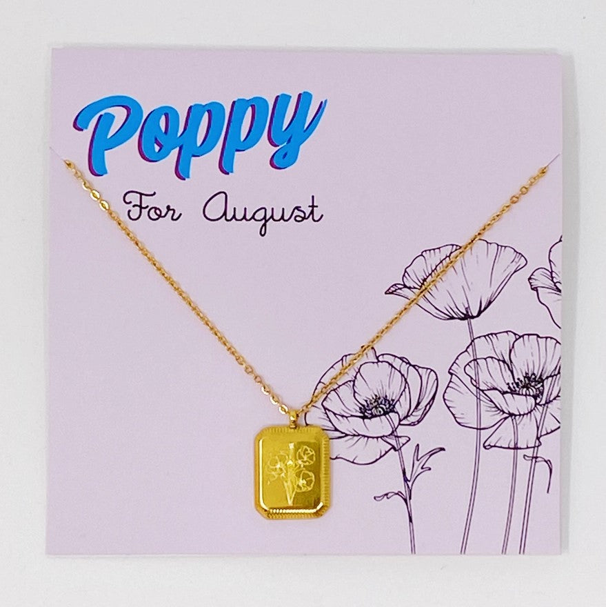 gold plated necklace with a pendant engraved with poppies for august birthdays