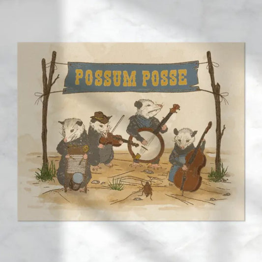 11x14 art print of four possums in a bluegrass band with a blue banner overhead reading "Possum Posse"