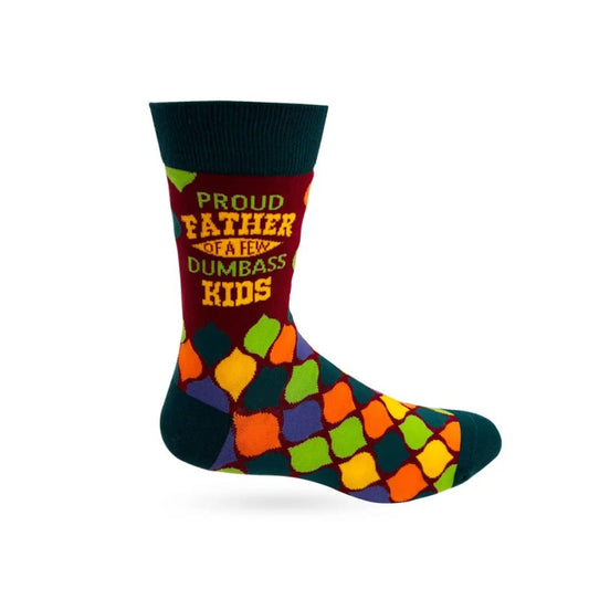 Colorful patterned calf socks with the words "Proud father of a few dumbass kids" on them